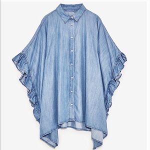 Zara Premium Denim Oversized Ruffle Tunic Top